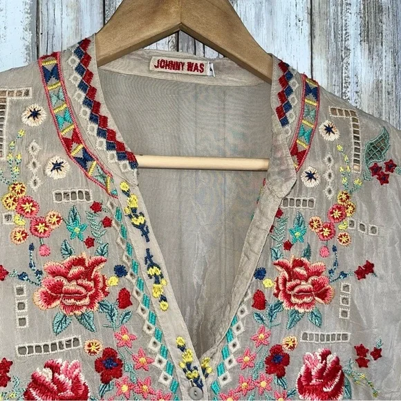 Johnny Was Floral Bird Eyelet Embroidered Tan Long Sleeve Tunic - Picture 6 of 7